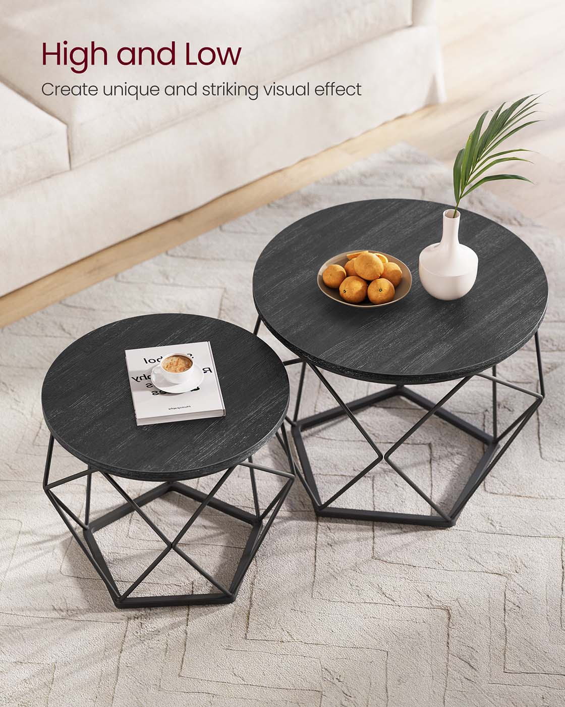 Round Coffee Table with Steel Frame Set of 2 - Charcoal Gray, Ink Black