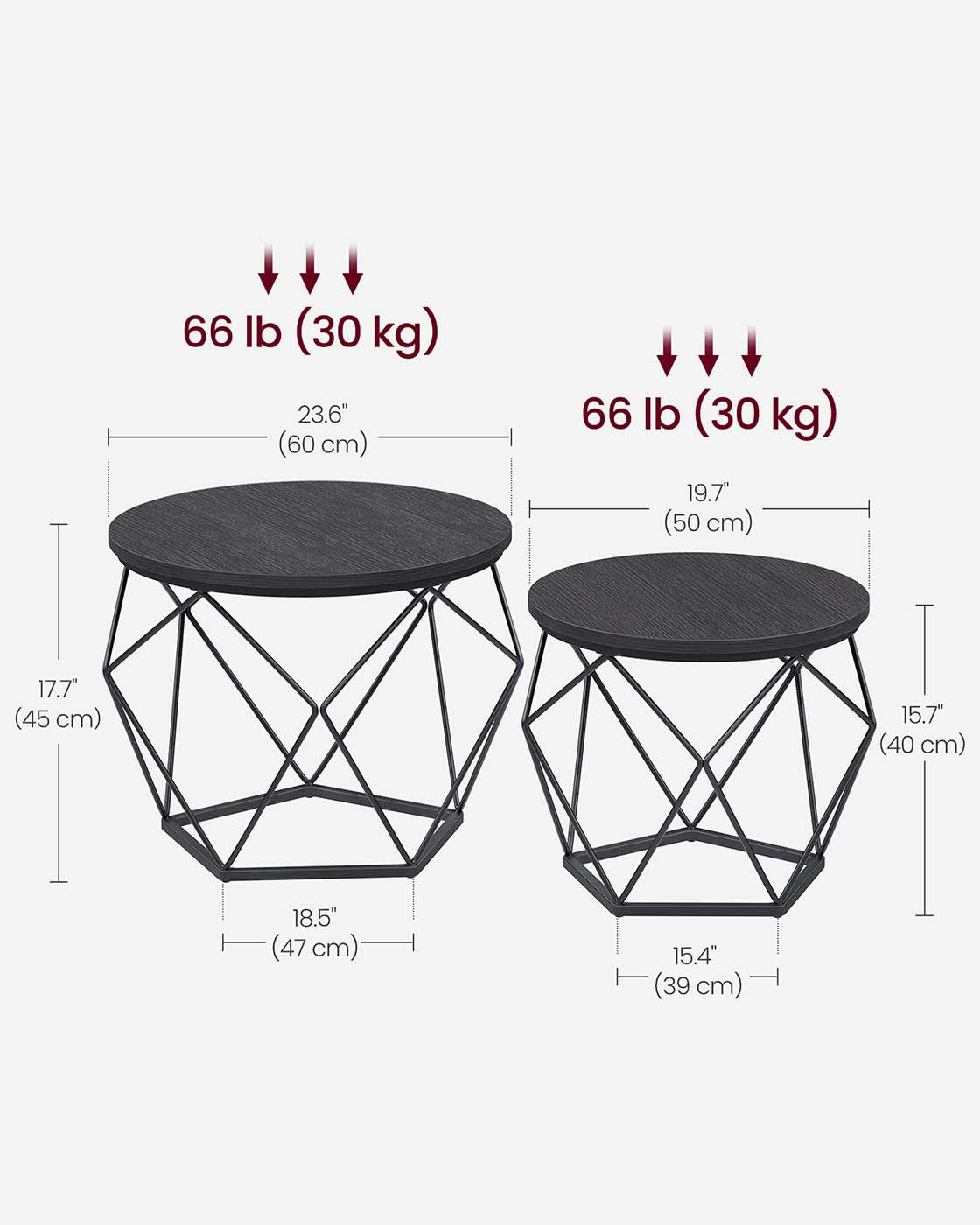 Round Coffee Table with Steel Frame Set of 2 - Charcoal Gray, Ink Black