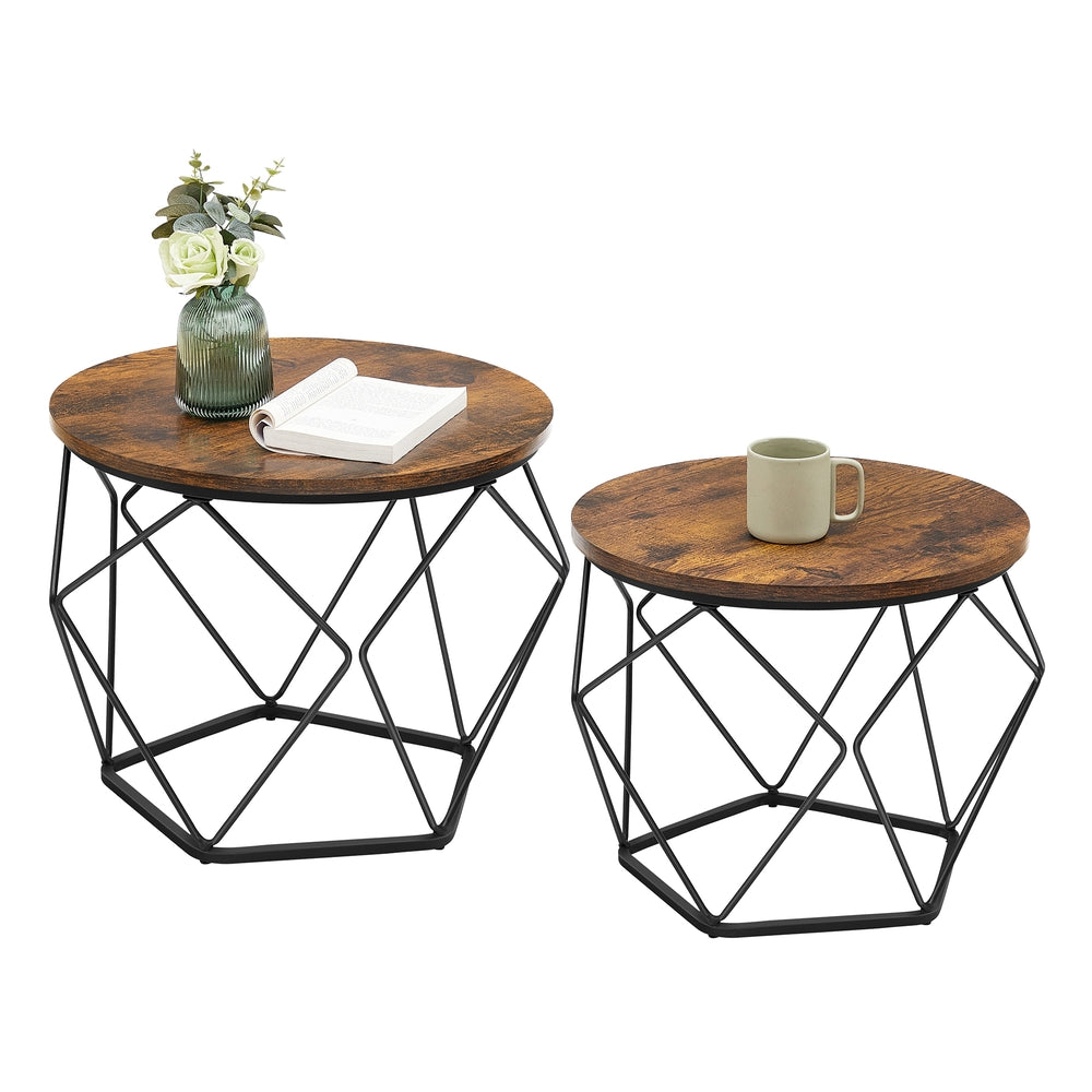 Round Coffee Table with Steel Frame Set of 2 - Rustic Brown, Ink Black