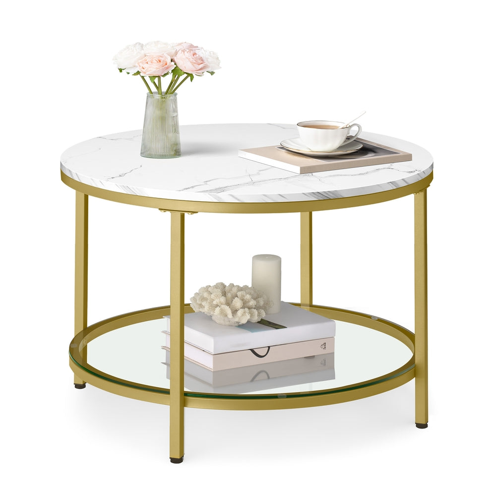 Round Coffee Table with Faux Marble Top and Glass Storage Shelf - Marble White, Pale Gold