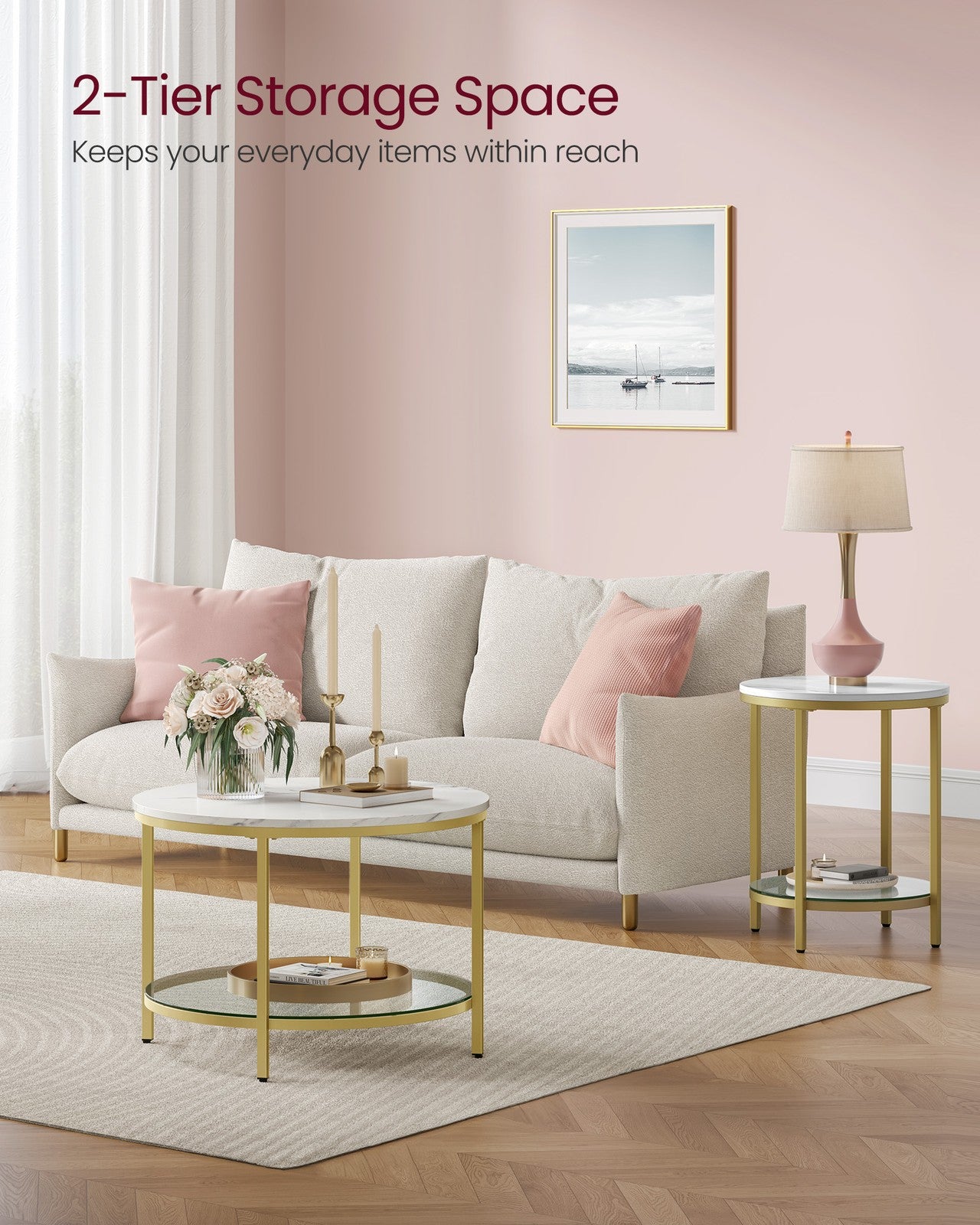 Round Coffee Table with Faux Marble Top and Glass Storage Shelf - Marble White, Pale Gold