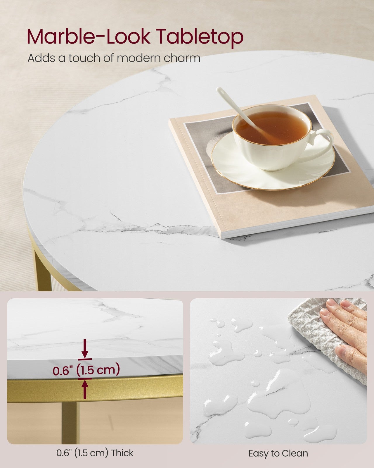 Round Coffee Table with Faux Marble Top and Glass Storage Shelf - Marble White, Pale Gold