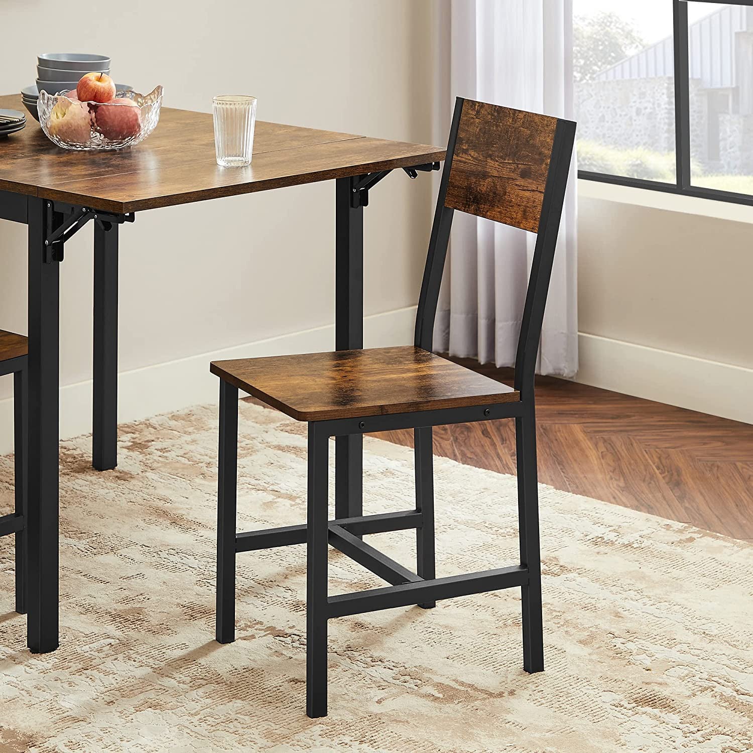 Dining Chair Set of 2 - Rustic Wood Chairs with Metal Steel Frame - Rustic Brown, Ink Black