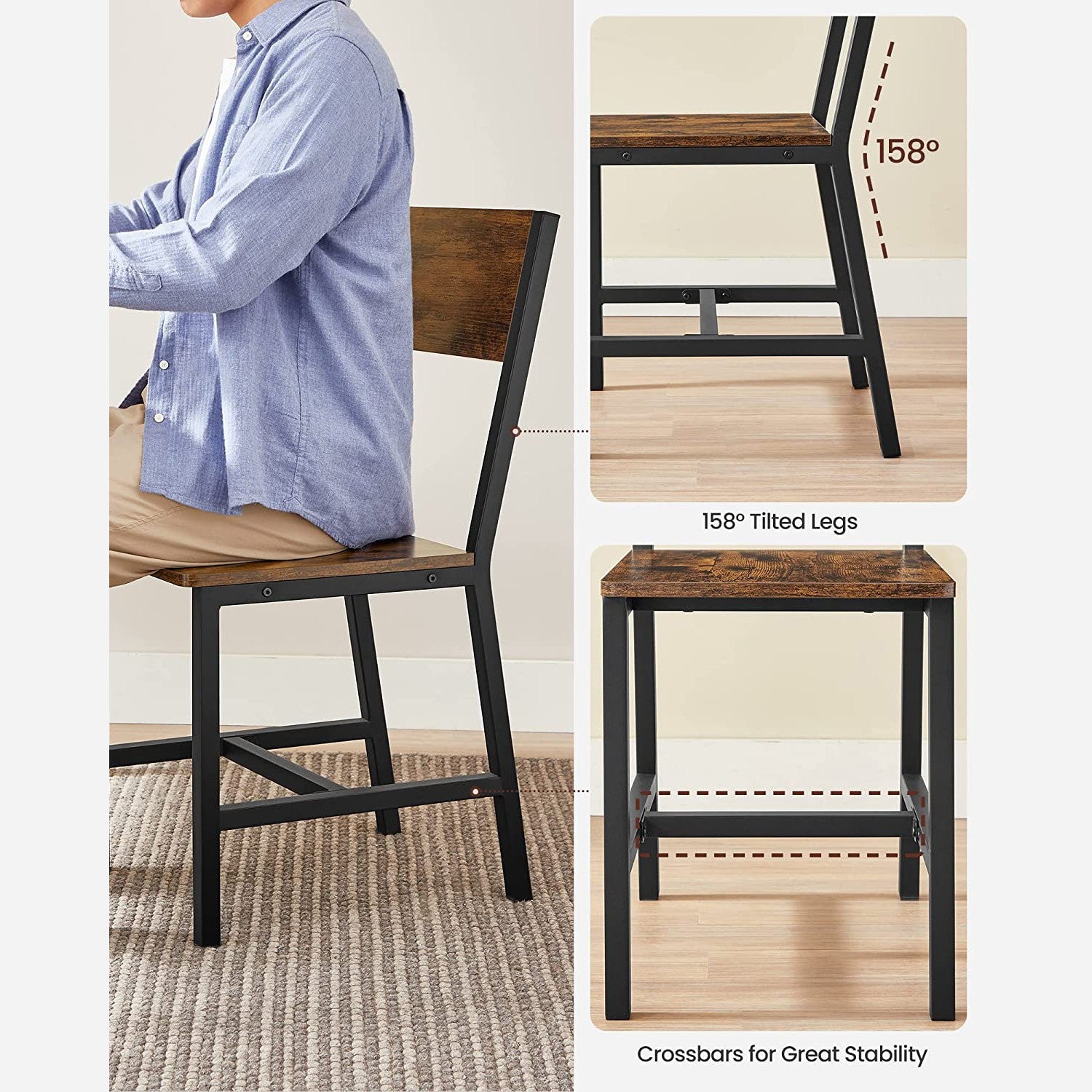 Dining Chair Set of 2 - Rustic Wood Chairs with Metal Steel Frame - Rustic Brown, Ink Black