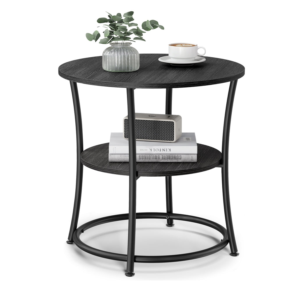 Round End Table with 2 Storage Shelves - Charcoal Gray, Black - 21.7”Dia. x 21.7”H