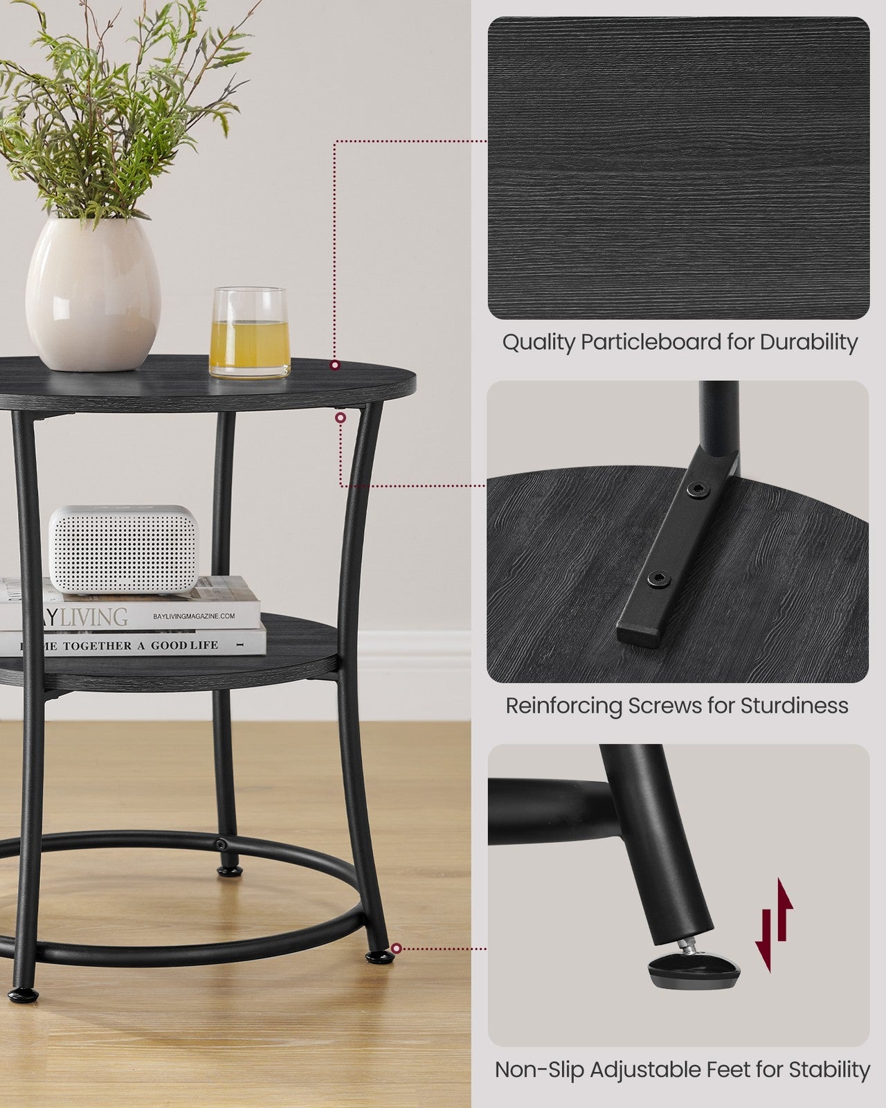 Round End Table with 2 Storage Shelves - Charcoal Gray, Black