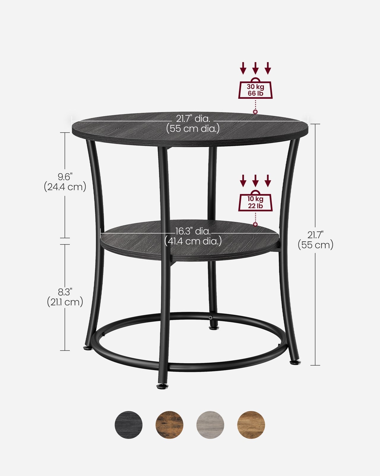 Round End Table with 2 Storage Shelves - Charcoal Gray, Black