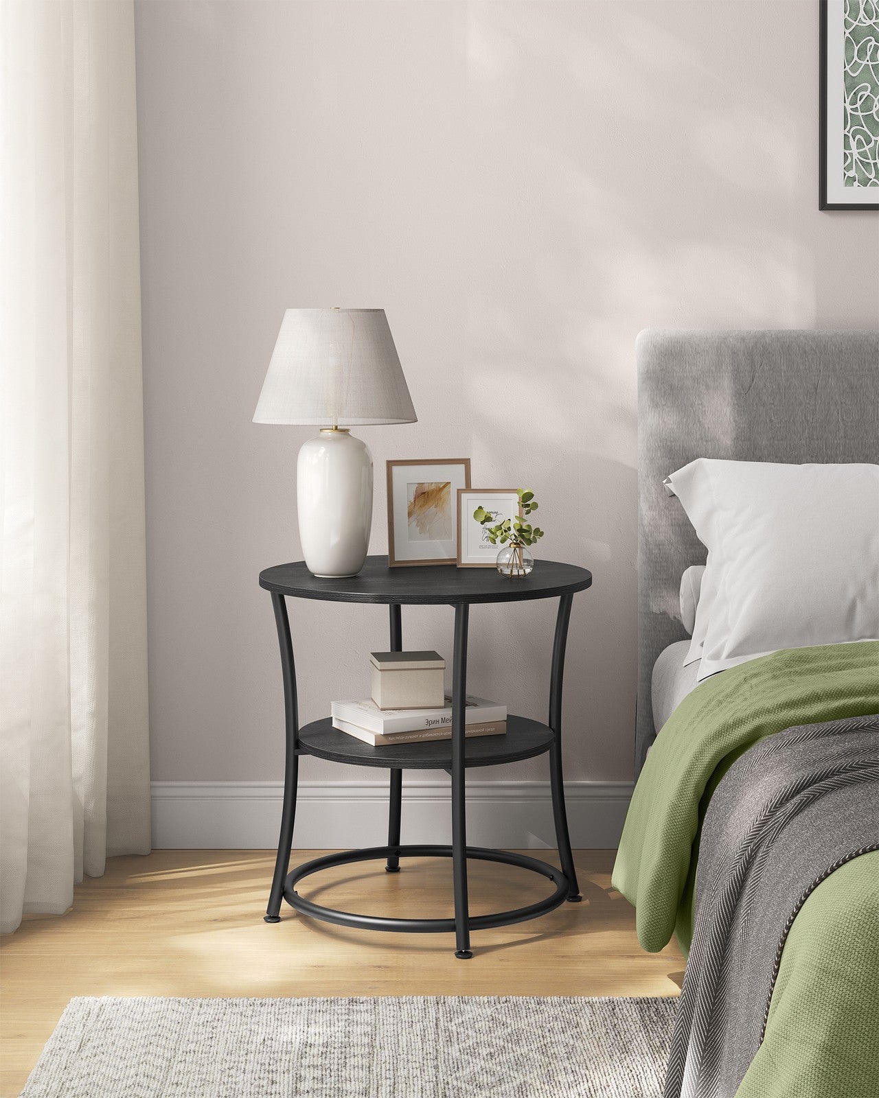 Round End Table with 2 Storage Shelves - Charcoal Gray, Black