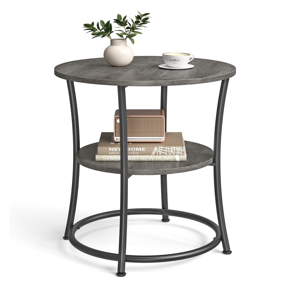 Round End Table with 2 Storage Shelves - Misty Gray, Ink Black - 21.7”Dia. x 21.7”H