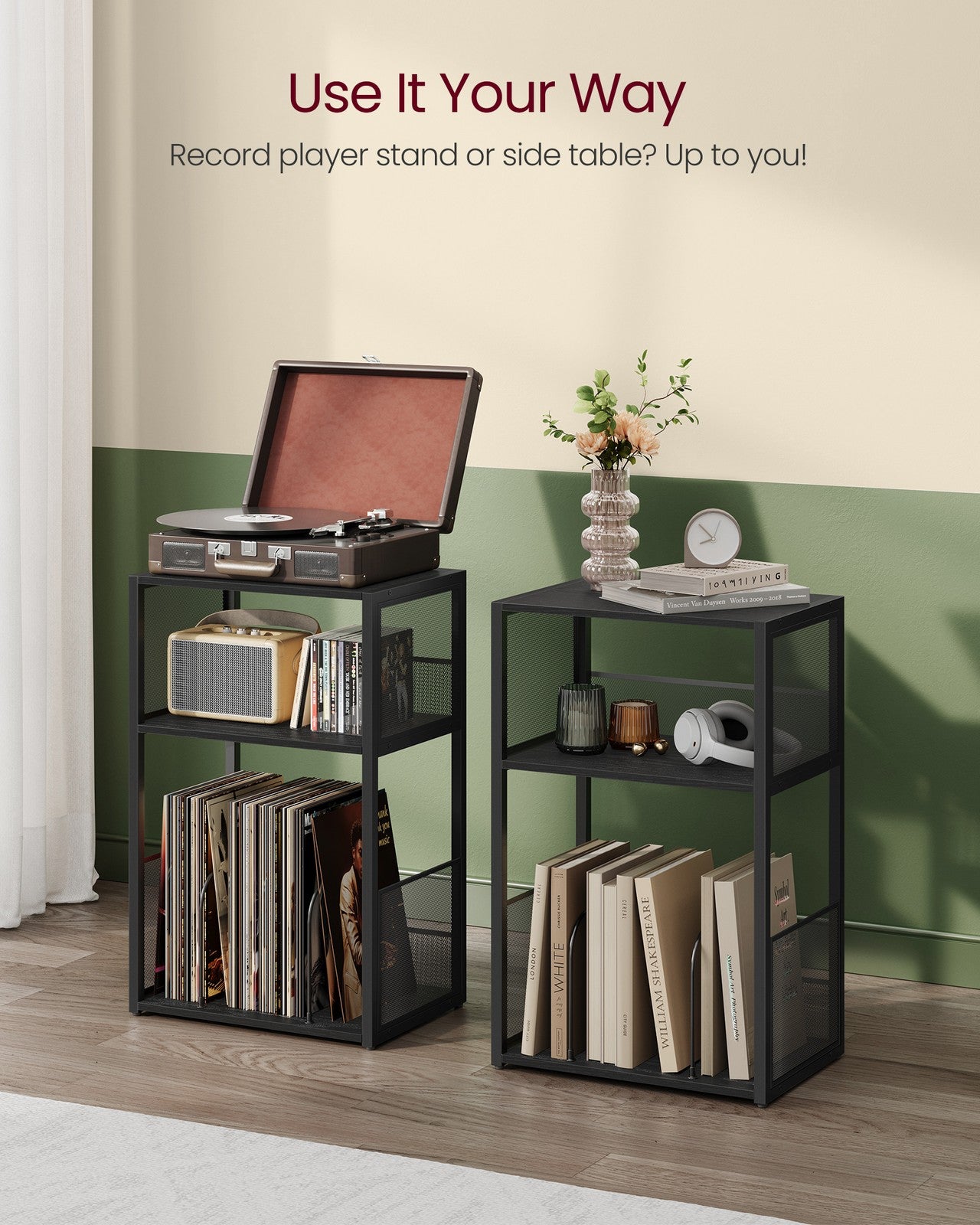 3-Tier Side Table - Vinyl Record Storage Up to 100 Albums - Ebony Black