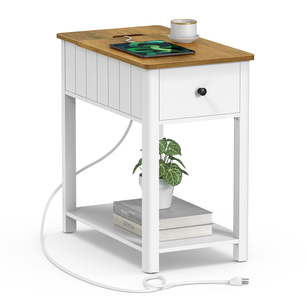Side Table with Charging Station - Rustic Walnut, White