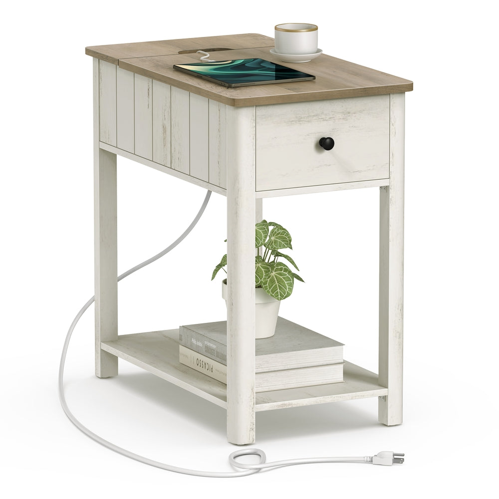 Side Table with Charging Station - Vintage White, Heather Greige