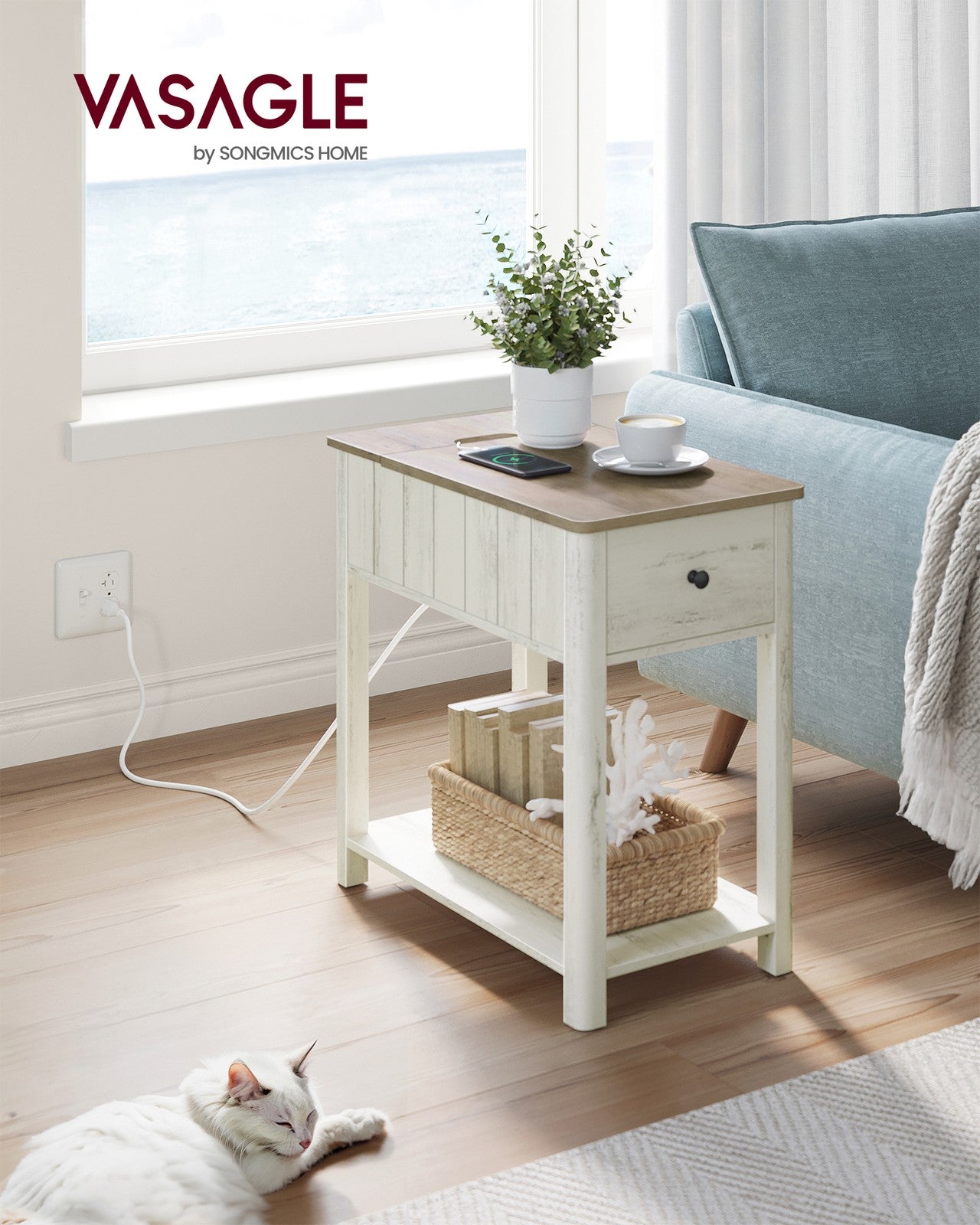 Side Table with Charging Station - Vintage White, Heather Greige