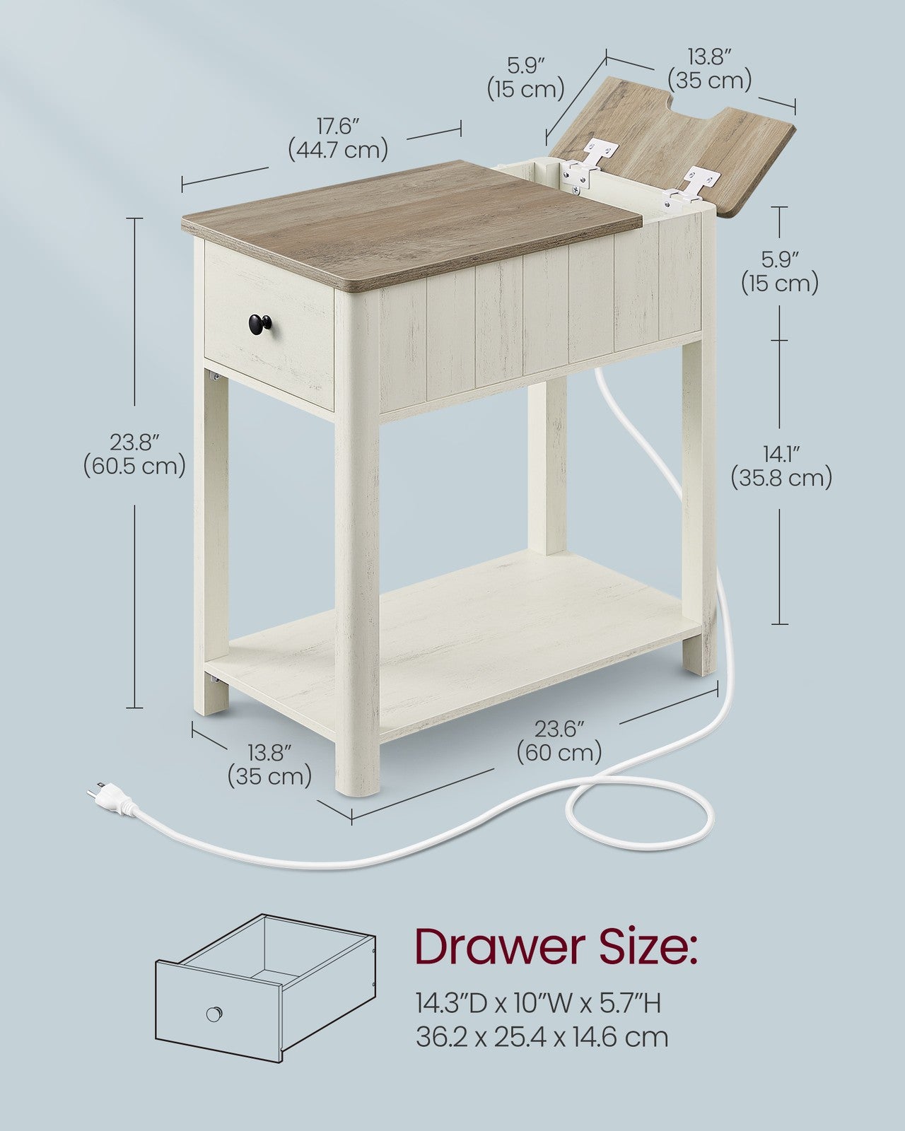 Side Table with Charging Station - Vintage White, Heather Greige