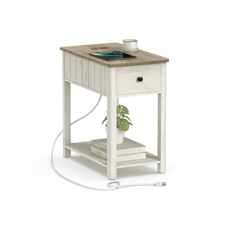 Side Table with Charging Station - Vintage White, Heather Greige
