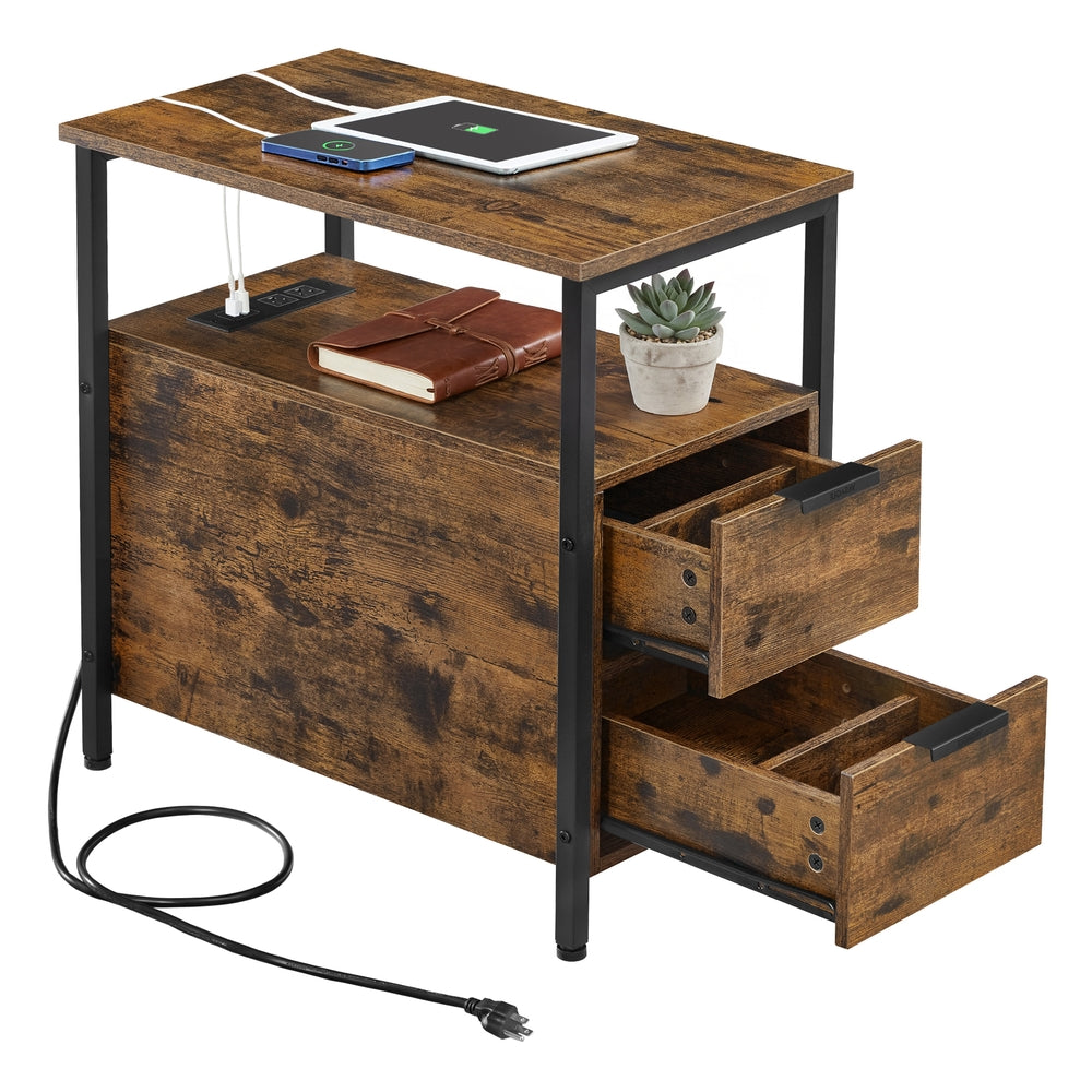 Narrow End Table with Charging Station and 2 Drawers - Rustic Brown, Black