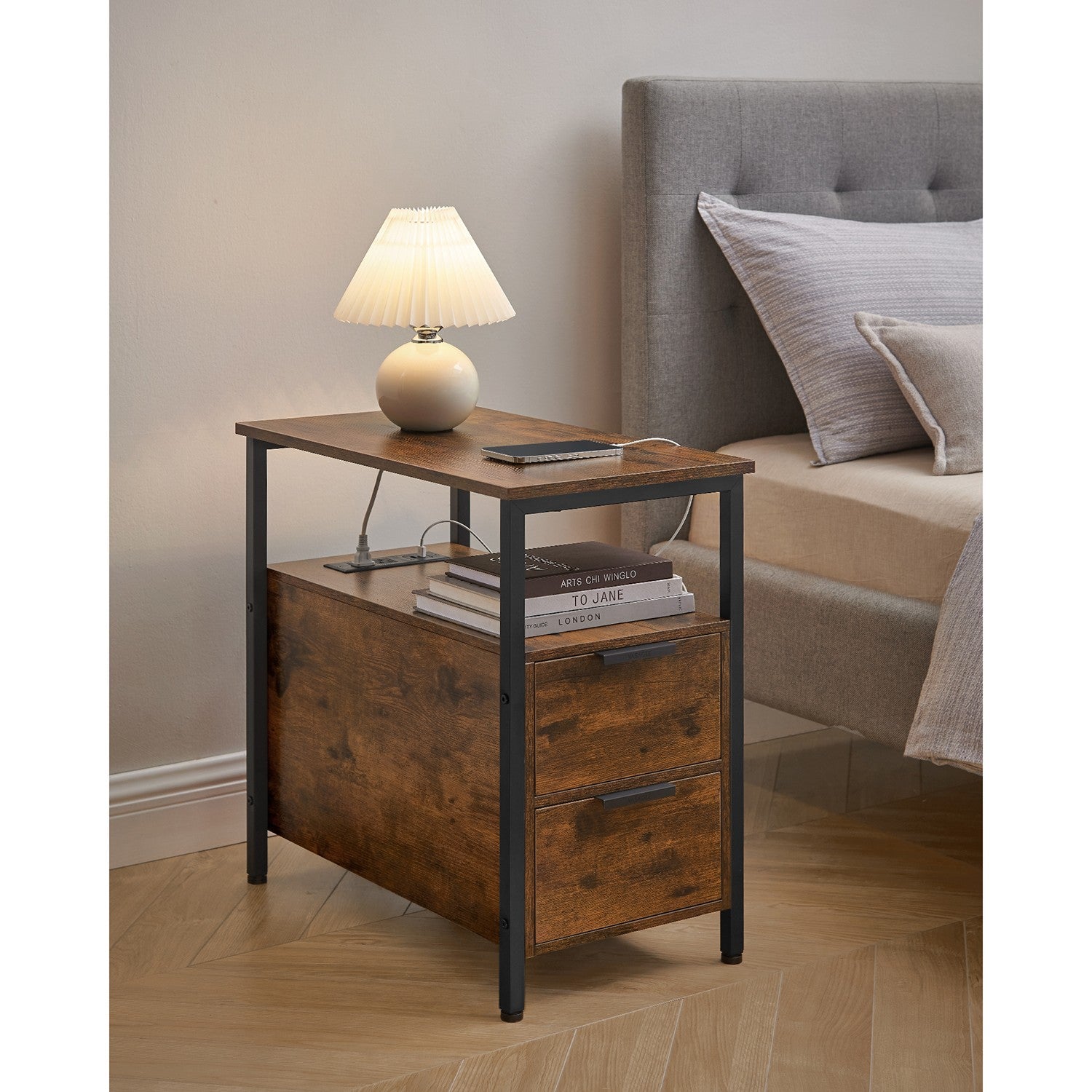 Narrow End Table with Charging Station and 2 Drawers - Rustic Brown, Black
