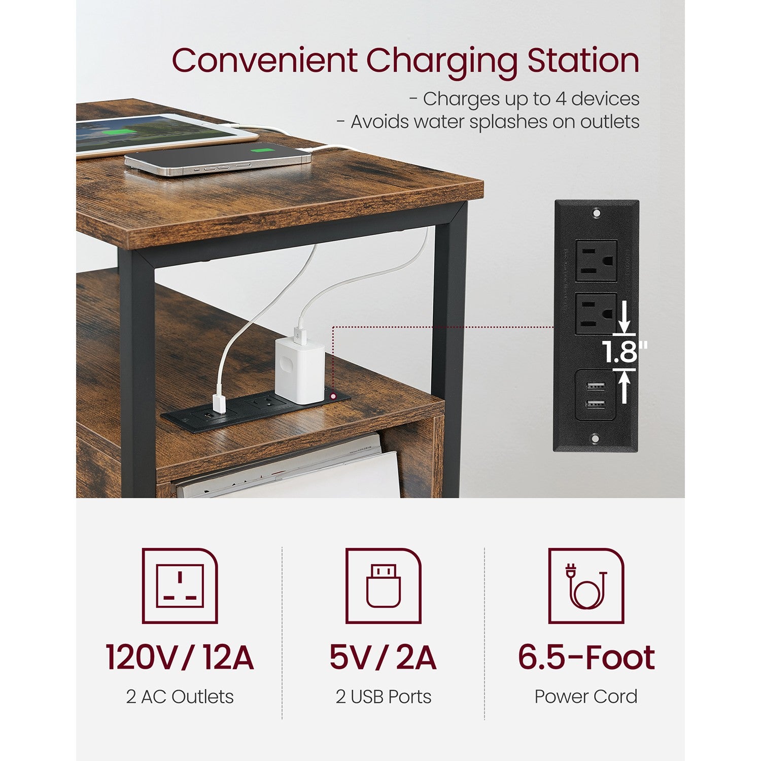 Narrow End Table with Charging Station and 2 Drawers - Rustic Brown, Black