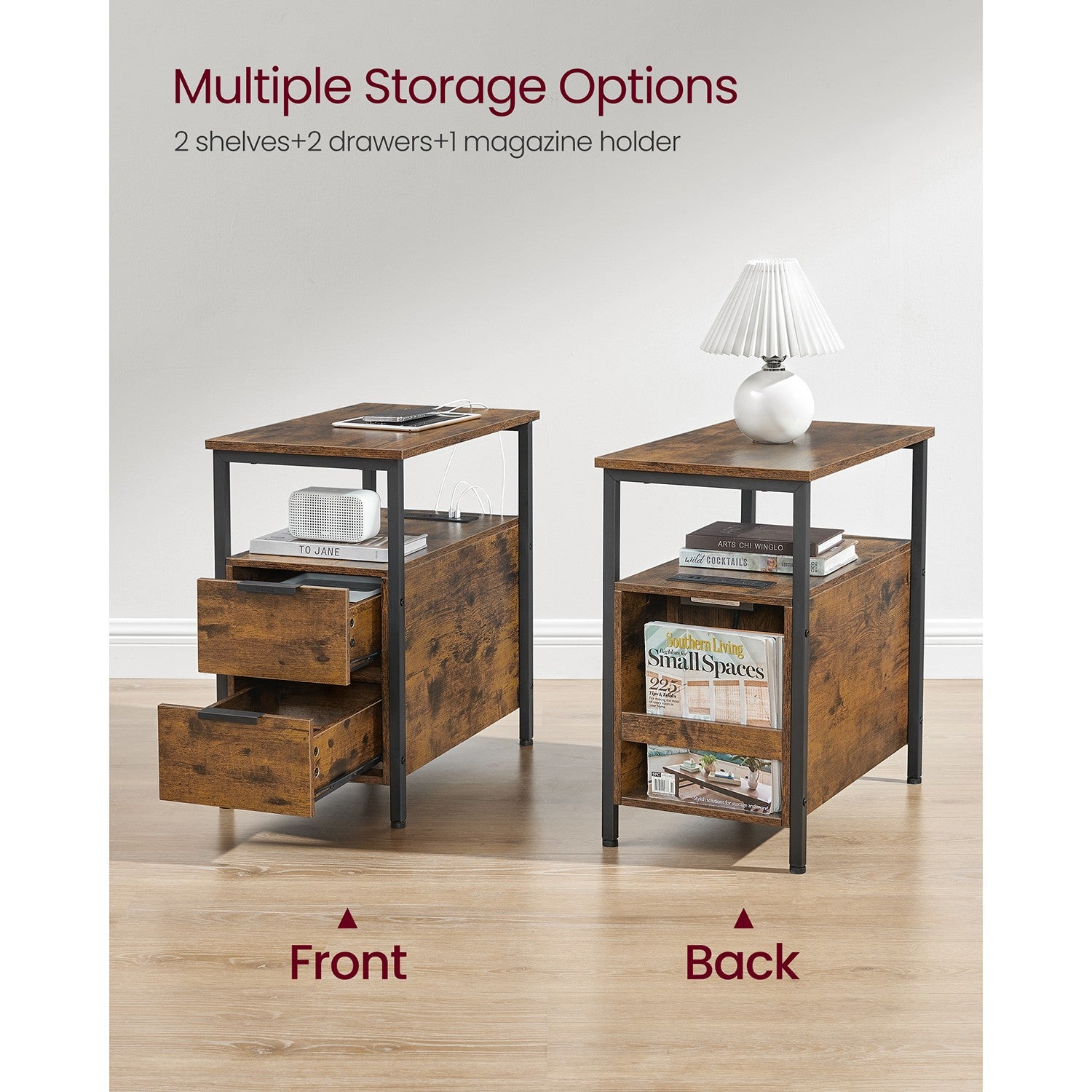 Narrow End Table with Charging Station and 2 Drawers - Rustic Brown, Black