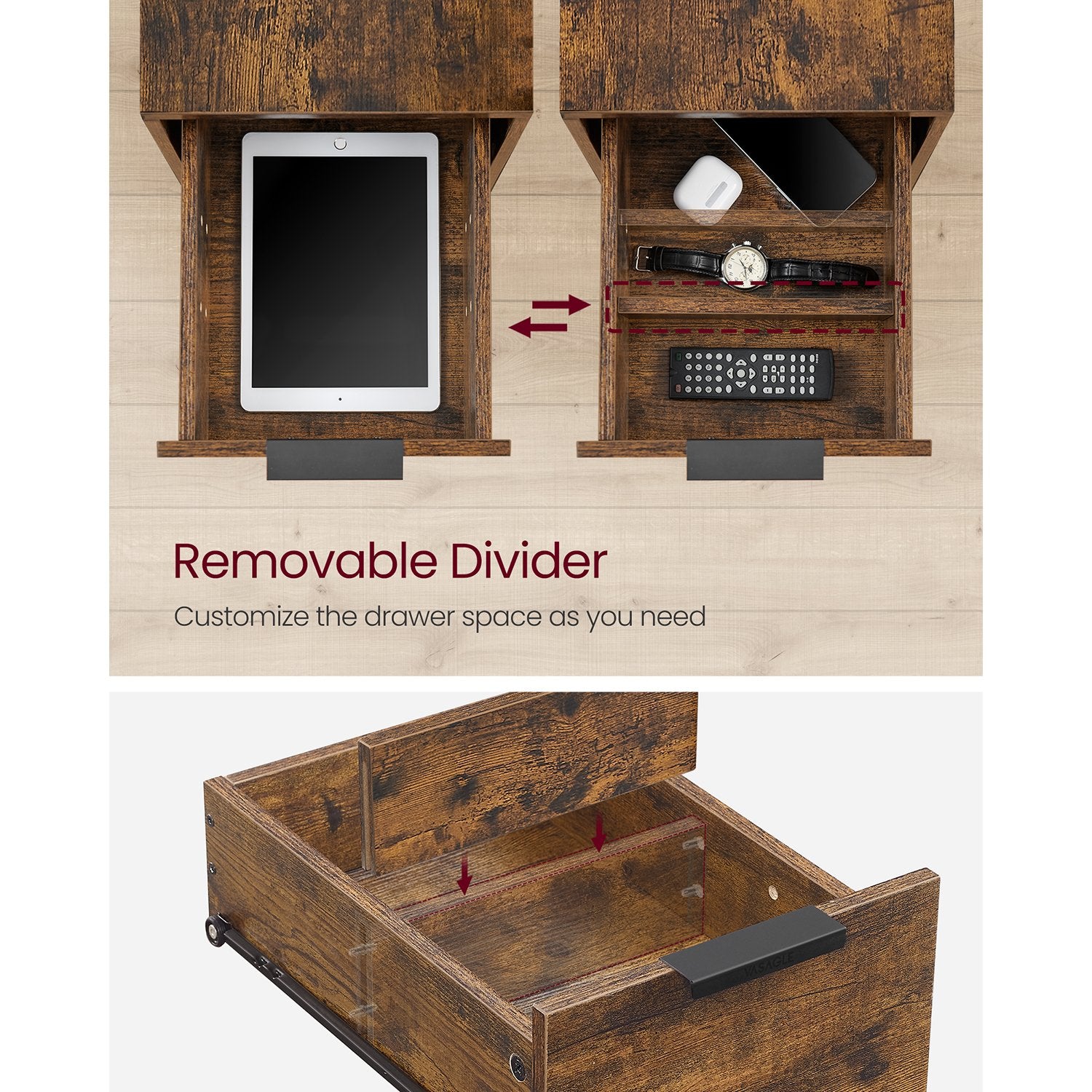 Narrow End Table with Charging Station and 2 Drawers - Rustic Brown, Black