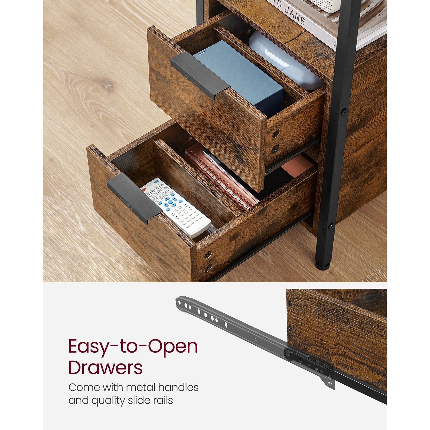 Narrow End Table with Charging Station and 2 Drawers - Rustic Brown, Black