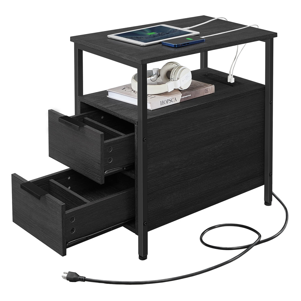 Narrow End Table with Charging Station and 2 Drawers - Black