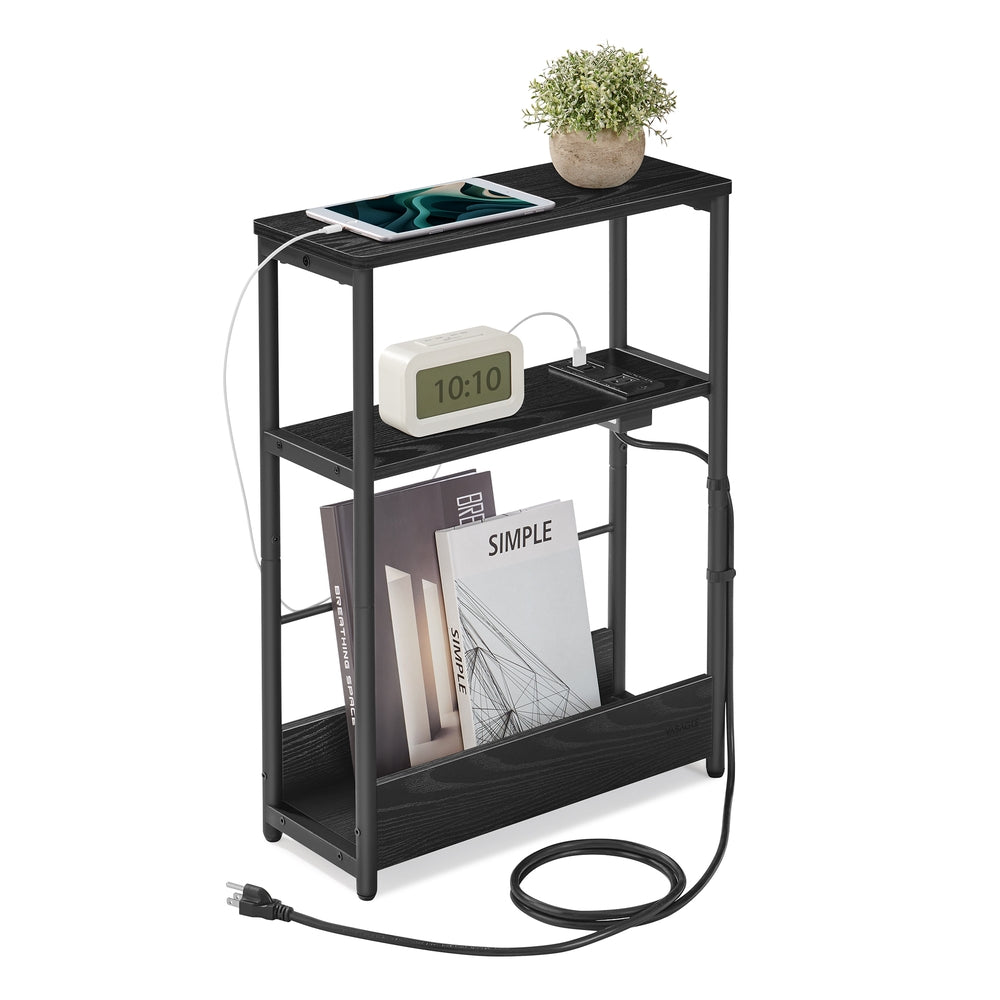 Narrow Side Table with Charging Station - Ebony Black, Ink Black