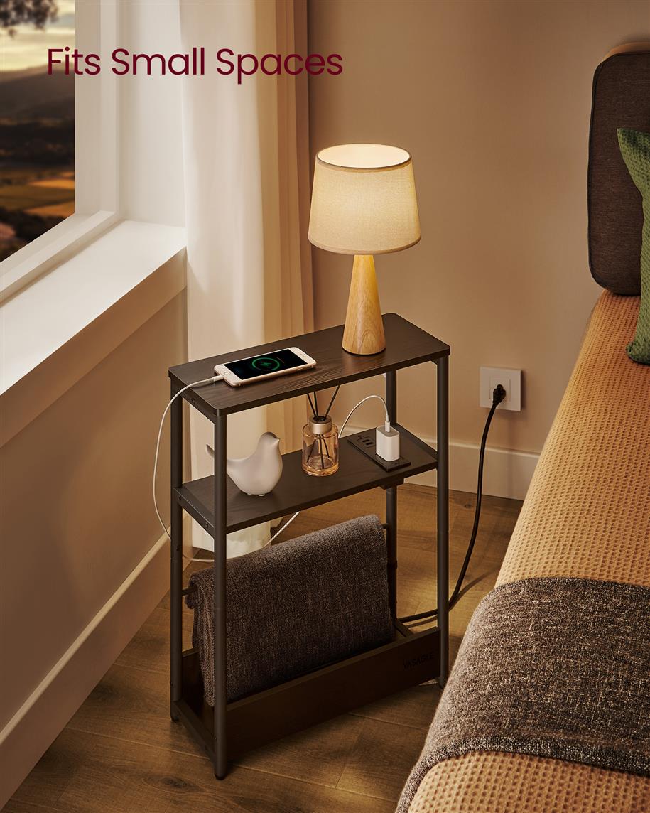 Narrow Side Table with Charging Station - Ebony Black, Ink Black