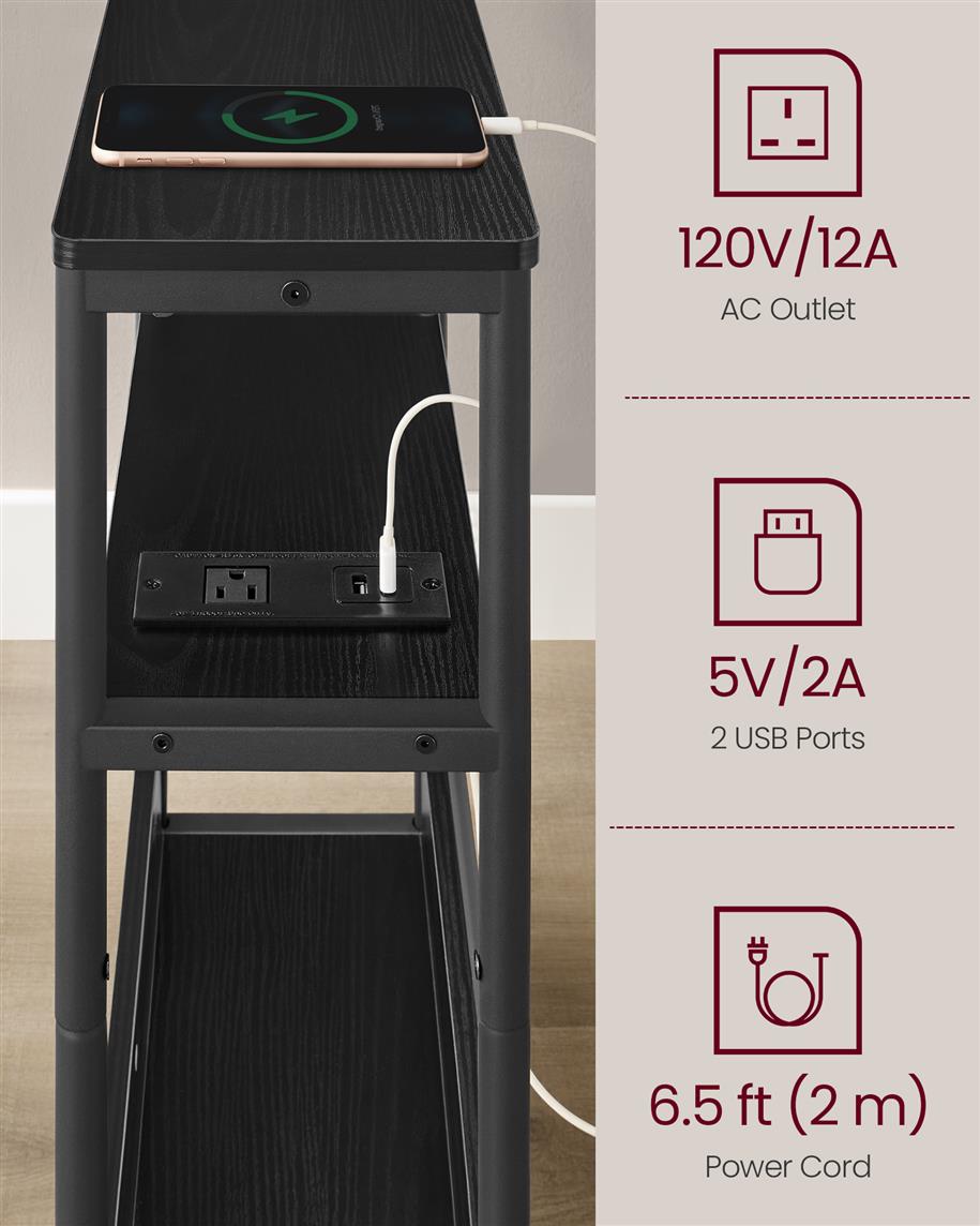 Narrow Side Table with Charging Station - Ebony Black, Ink Black