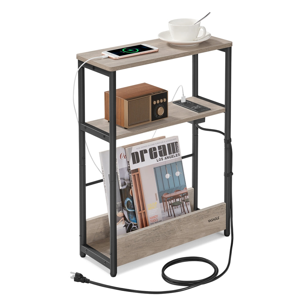 Narrow Side Table with Charging Station - Heather Greige, Ink Black