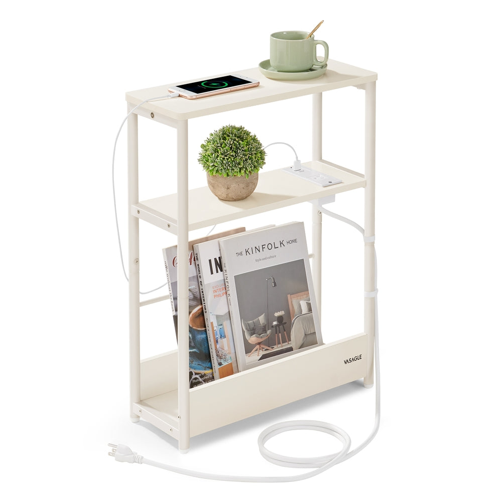 Narrow Side Table with Charging Station - Cream White