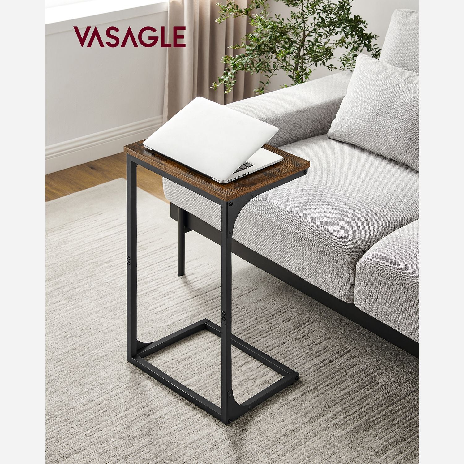C-Shaped End Table with Metal Frame - Rustic Brown, Black