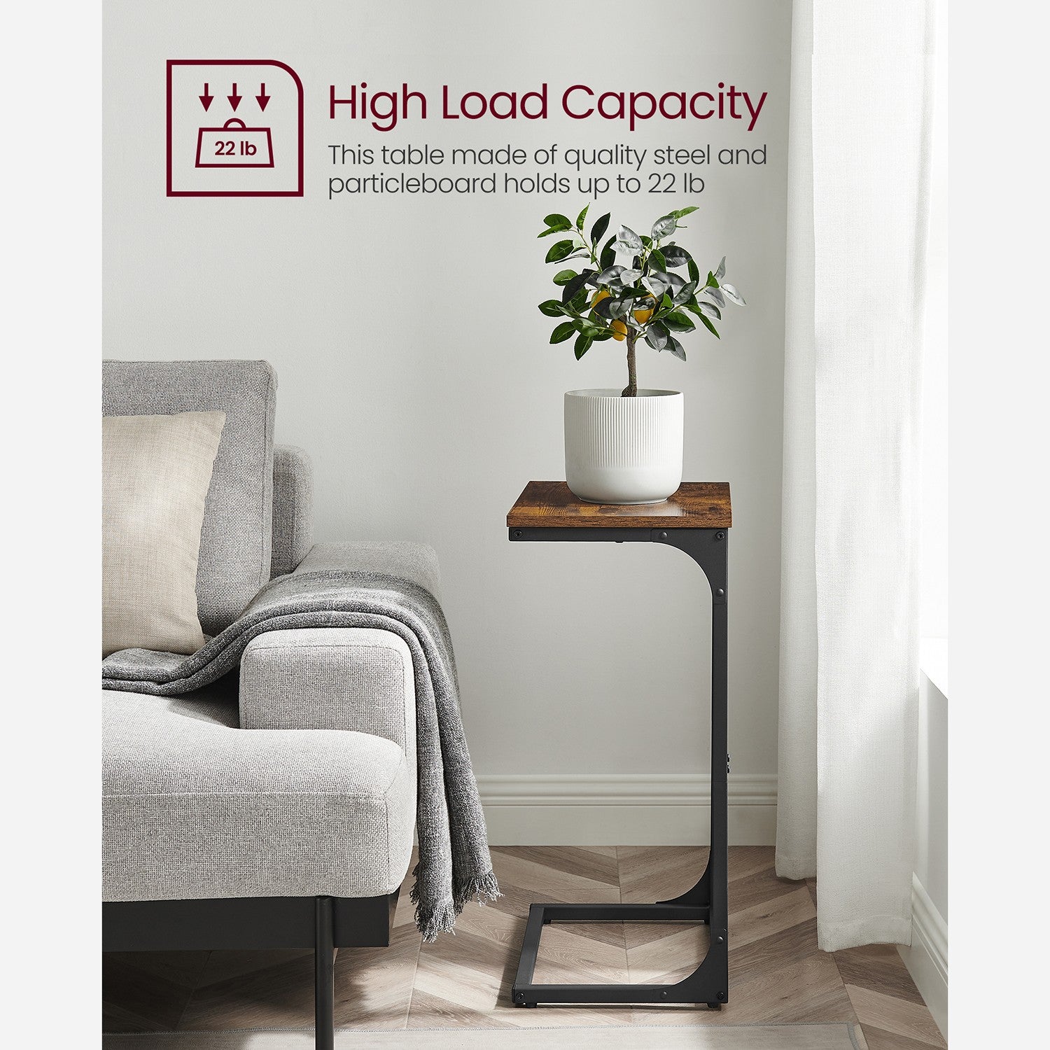 C-Shaped End Table with Metal Frame - Rustic Brown, Black
