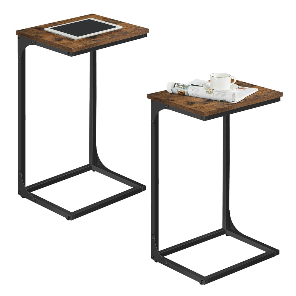 C-Shaped End Table with Metal Frame - Rustic Brown