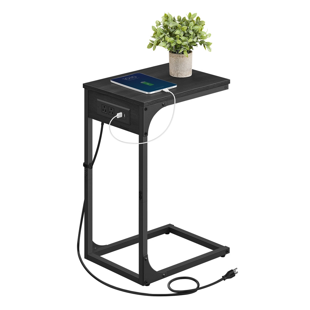 C-Shaped Side Table with Charging Station - Gray Oak