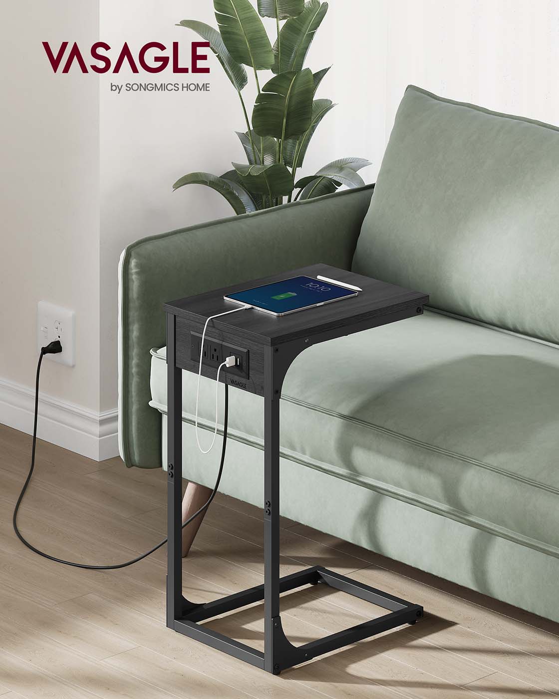 C-Shaped Side Table with Charging Station - Gray Oak