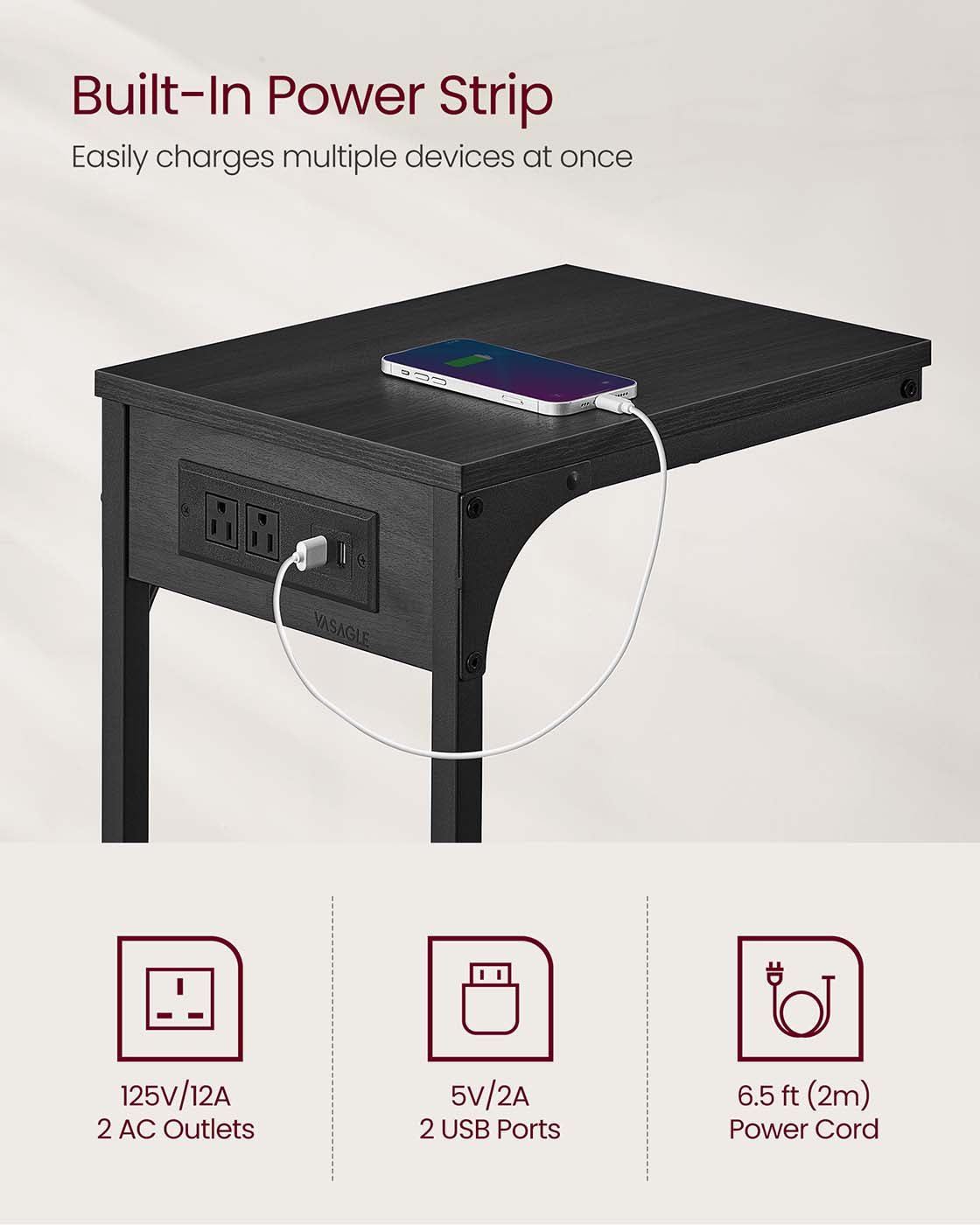 C-Shaped Side Table with Charging Station - Gray Oak