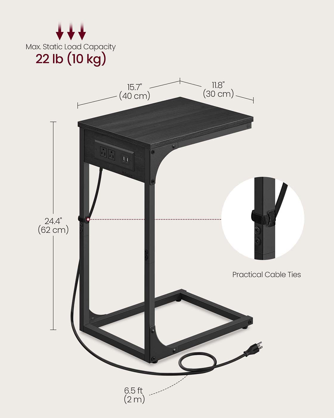 C-Shaped Side Table with Charging Station - Gray Oak
