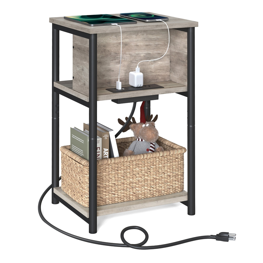 3-Tier End Table with USB Ports and Outlets - Greige, Black