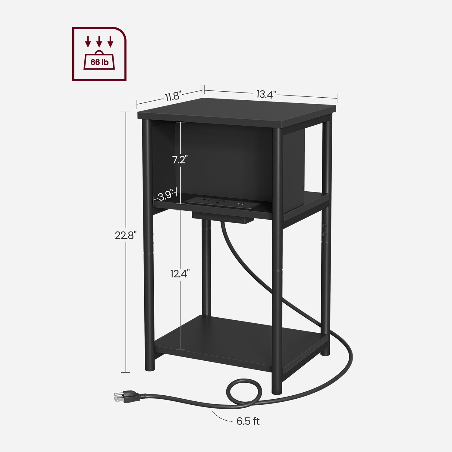 3-Tier End Table with USB Ports and Outlets - Black