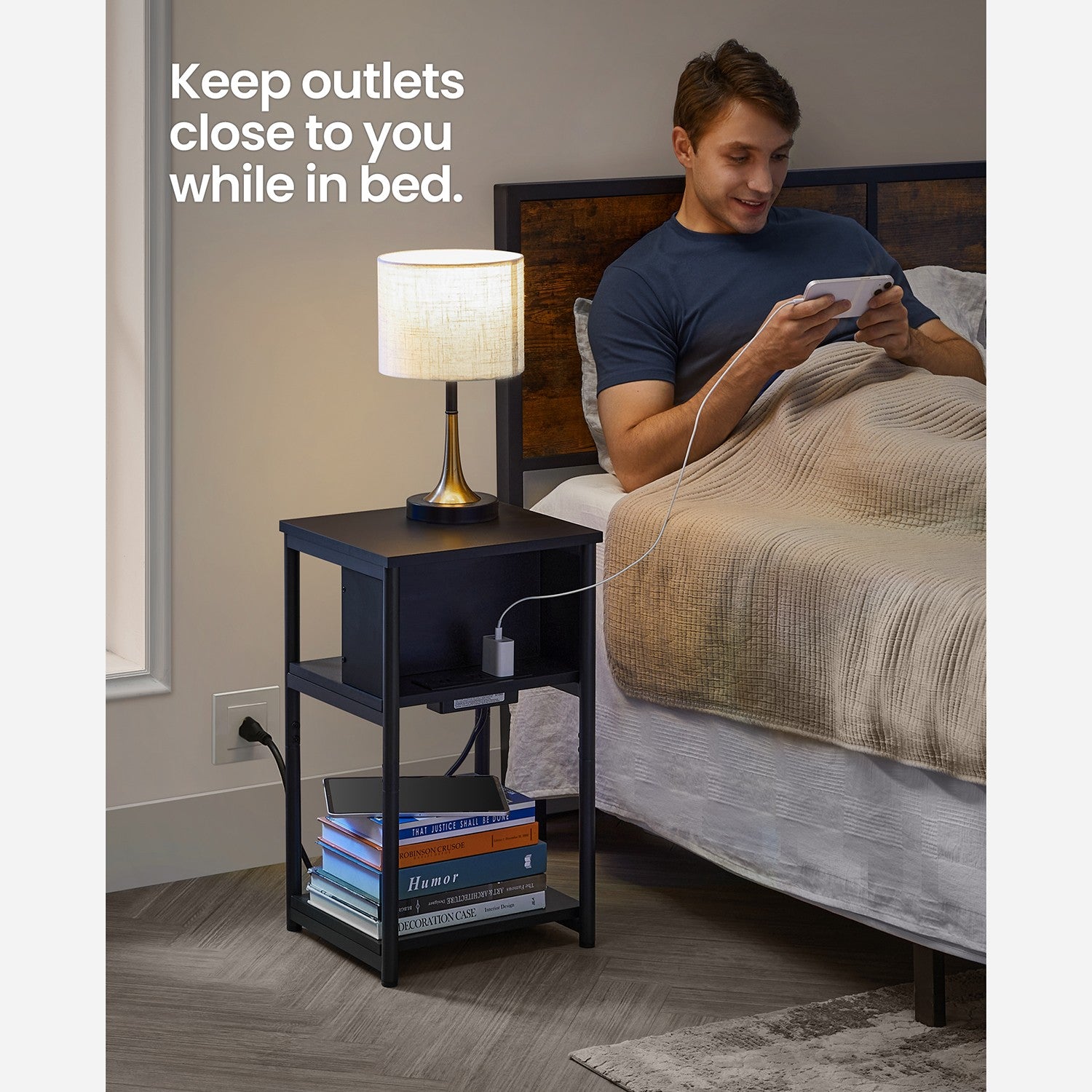 3-Tier End Table with USB Ports and Outlets - Black