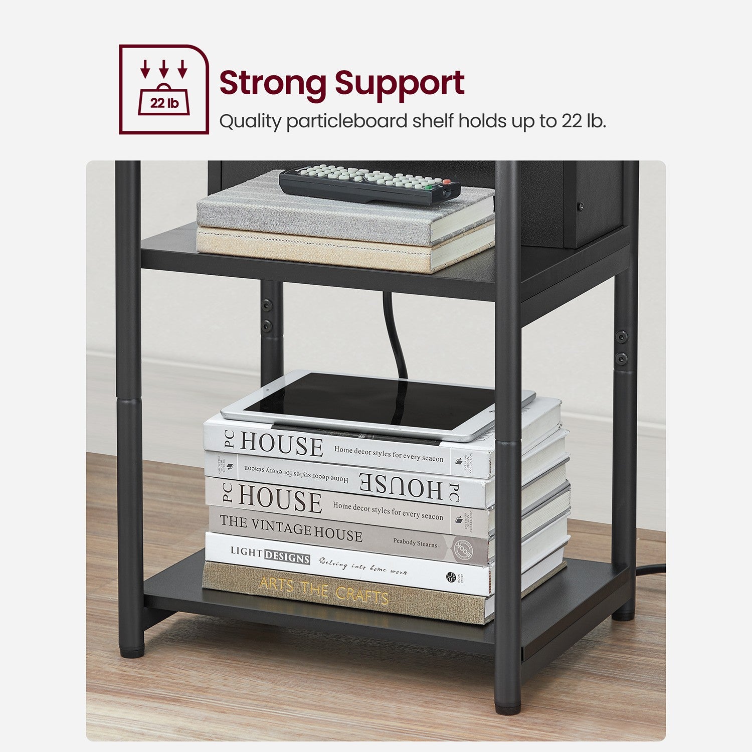 3-Tier End Table with USB Ports and Outlets - Black