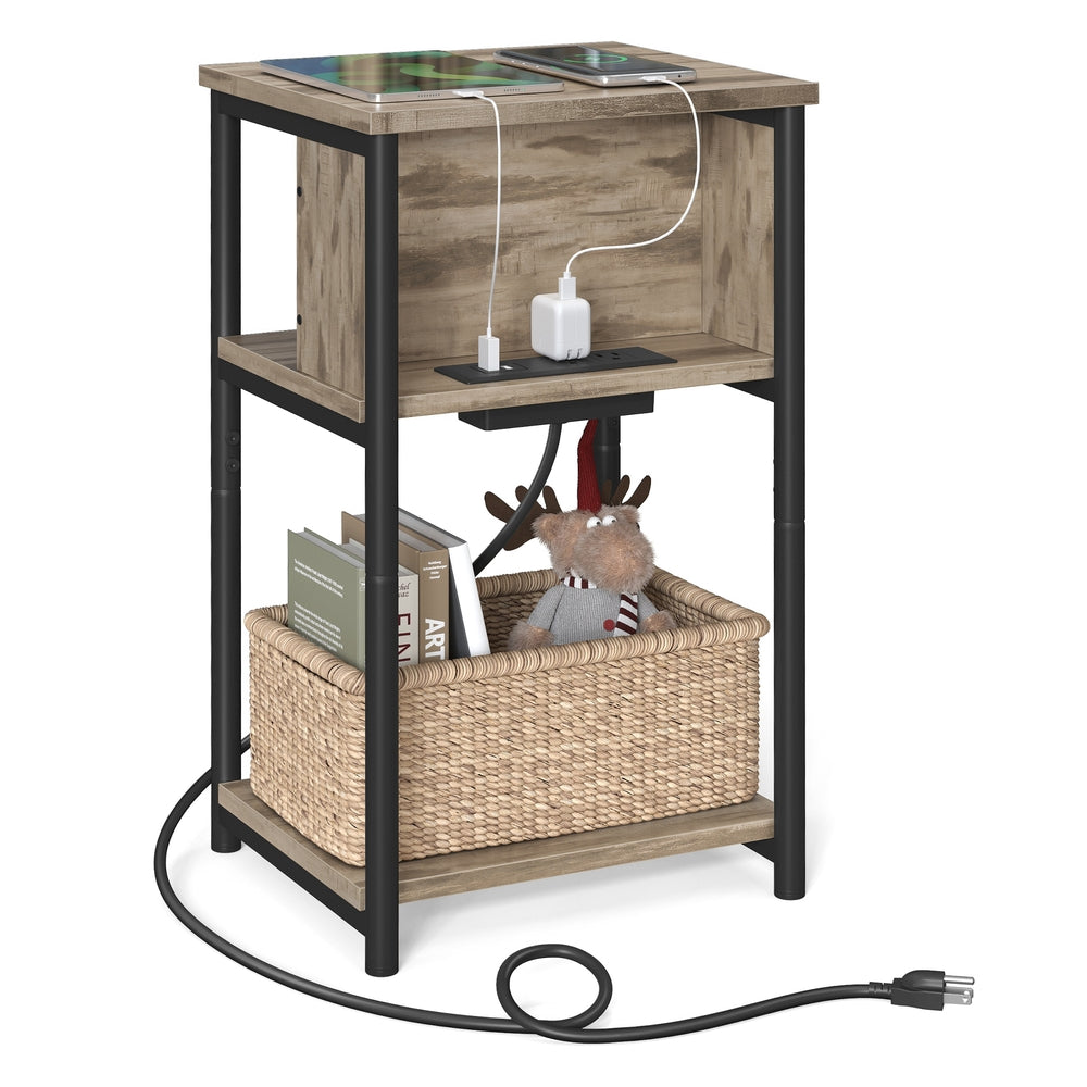 3-Tier End Table with USB Ports and Outlets - Camel Brown, Black
