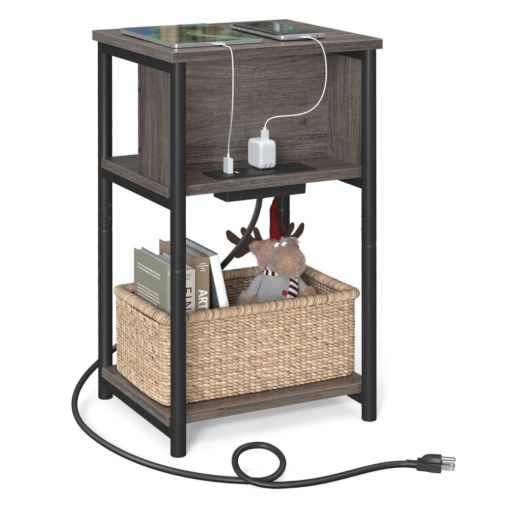 3-Tier End Table with USB Ports and Outlets - Chestnut Brown, Black