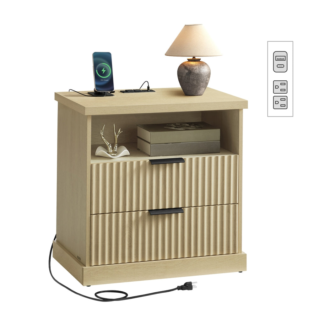 MAXE Collection - Nightstand with Charging Station - Oak Beige