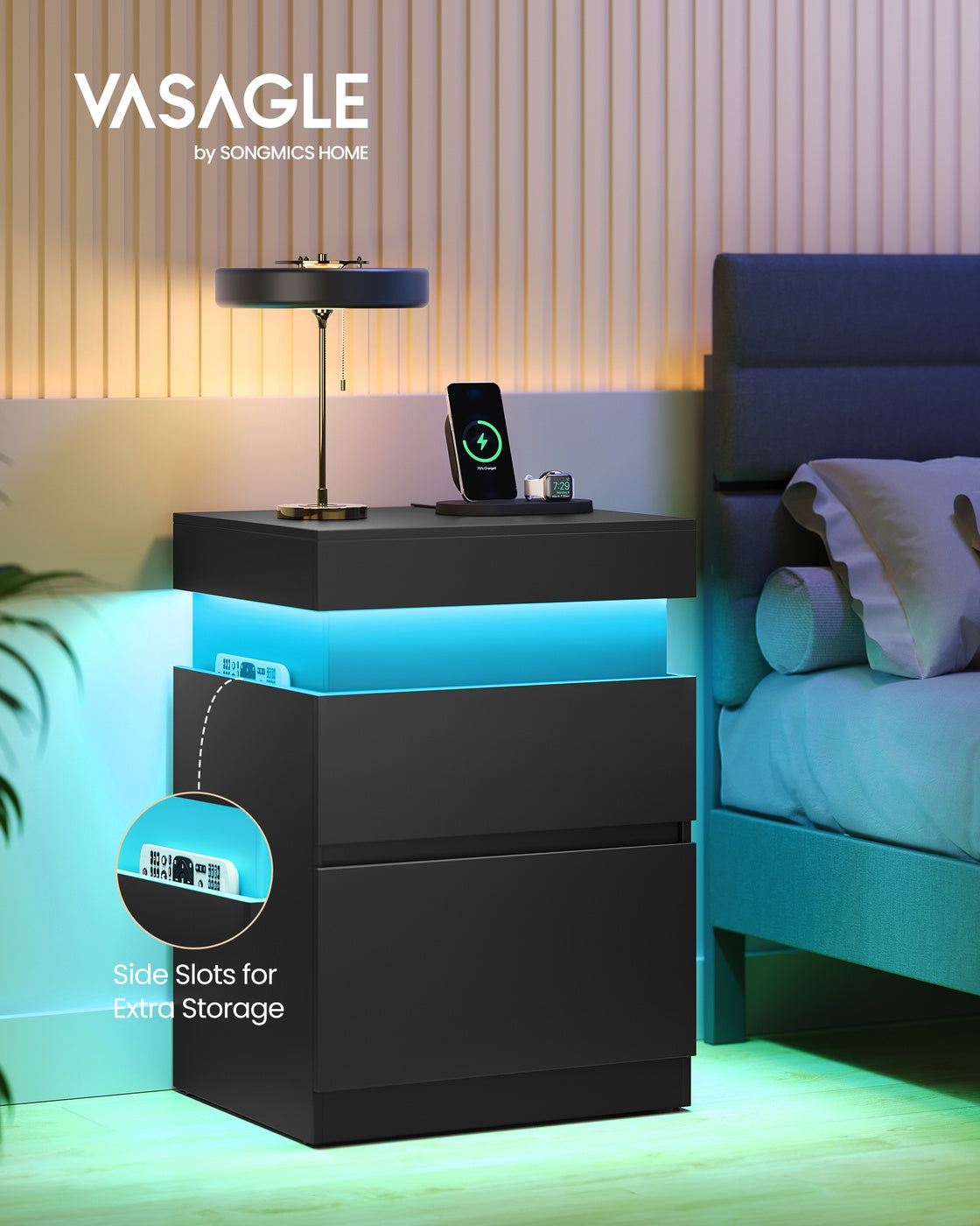 KAILYN Collection - Nightstand with Power Outlets - Sliding Lid - Ink Black