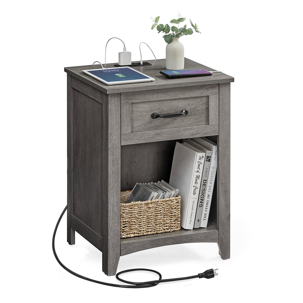 Farmhouse Nightstand - Charging Station - Drawer + Open Shelf - 23.6 Inch