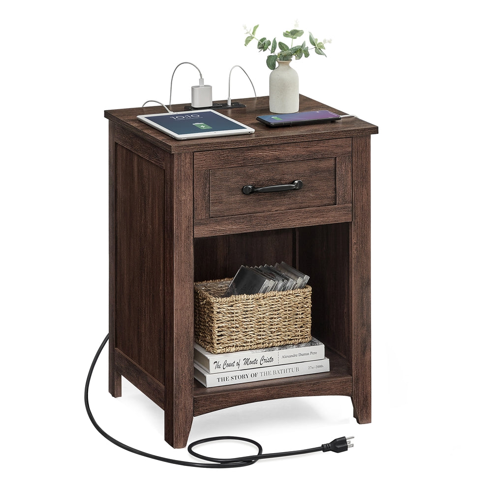 Farmhouse Nightstand - Charging Station - Drawer + Open Shelf - 23.6 Inch