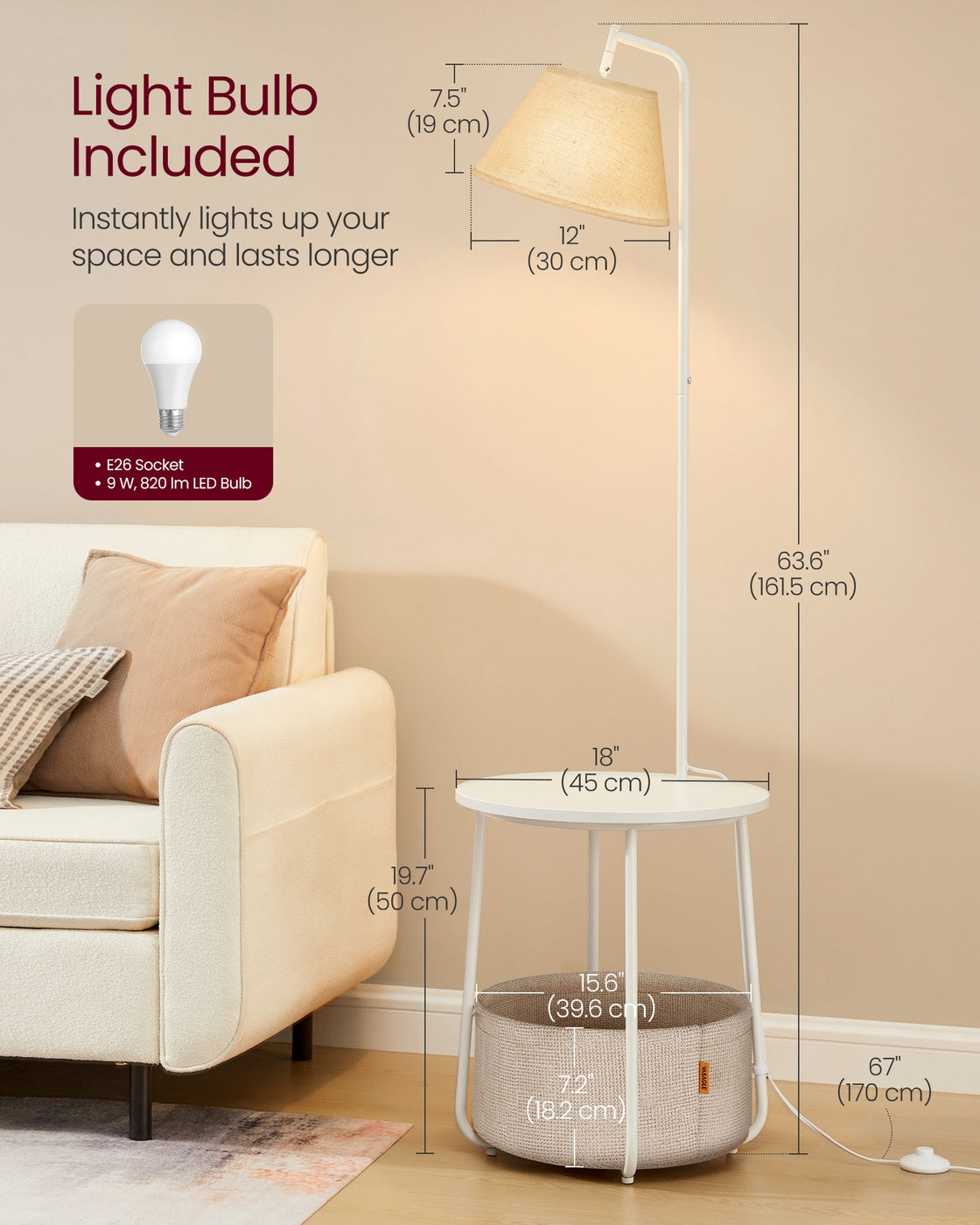 End Table with Lamp - 3-in-1 Floor Lamp with Table and Fabric Basket for Living Room - Tunable LED Bulb Included