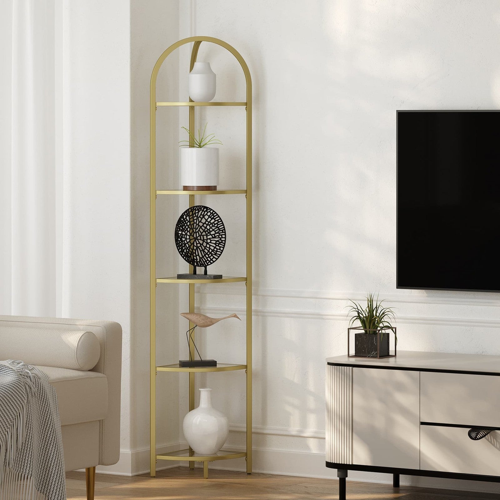 Corner Display Rack with Tempered Glass Shelves for Living Room